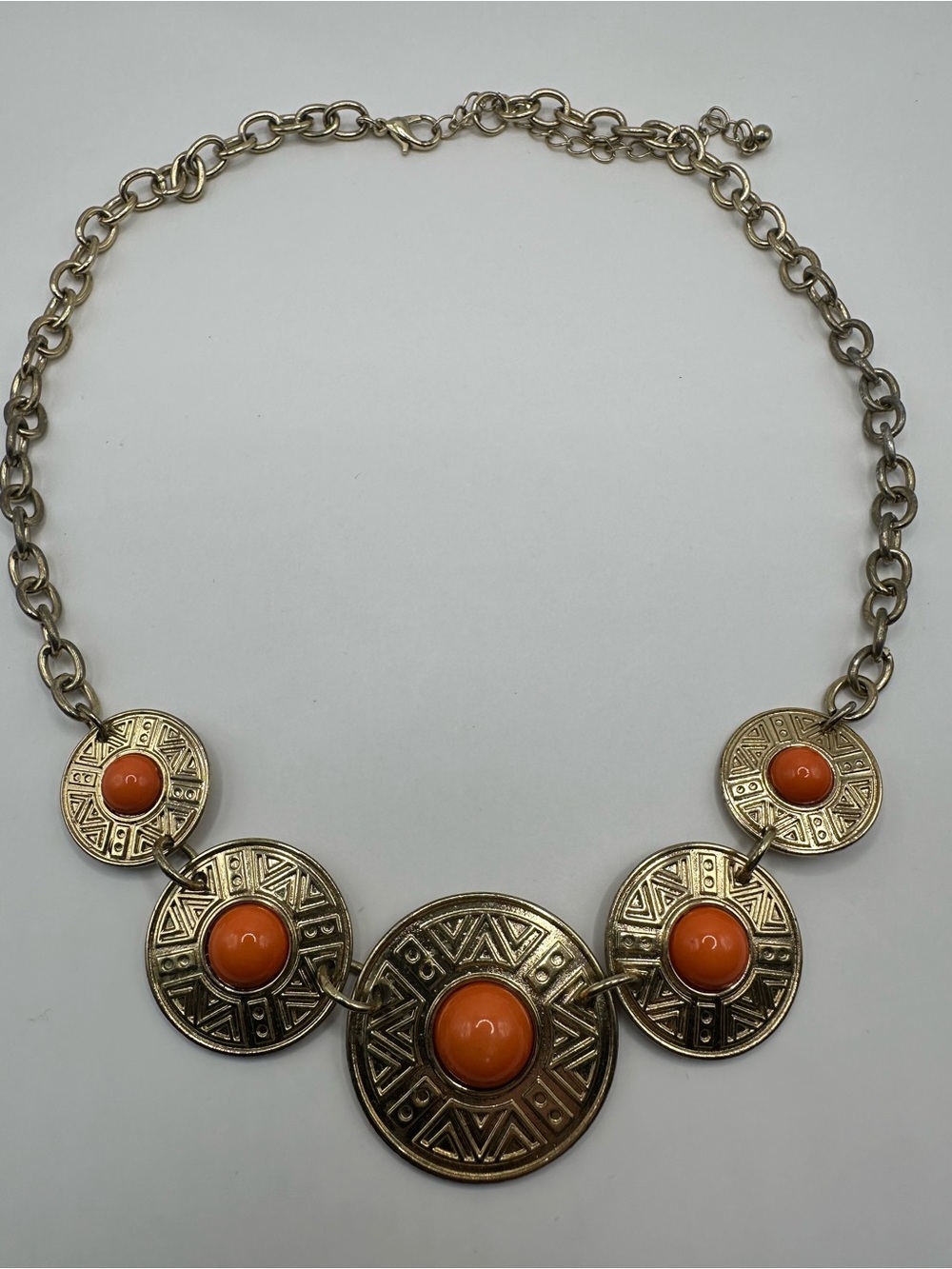 Vintage Gold Tone Orange Cabochon Geometric Etched Medallion Collar Necklace - Picture 5 of 6